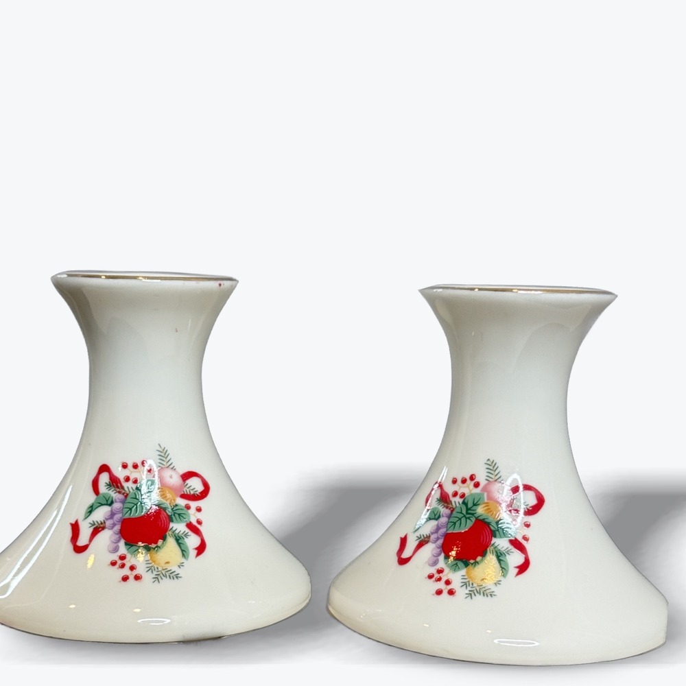 Vintage Cranberry Hill Porcelain Christmas Candle Holders Pair Gold Trim‎ Japan